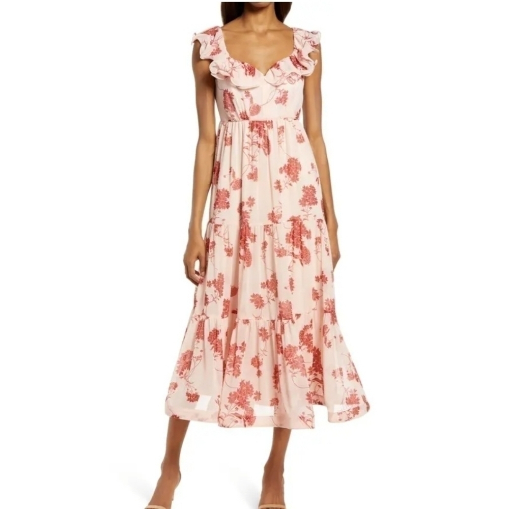 Chelsea 28 Floral Dress with Tiered Skirt and Ruffle Collar, Size Small